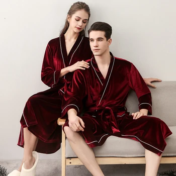 SSH0291 Sonbahar Bahar Erkek Kadın Elbise Katı Kadife Bornoz Unisex Severler Çiftler Seksi Pijama V Yaka Gecelik Artı Boyutu Elbiseler