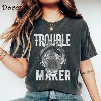 Troublemaker Kaplan Kadın Kısa Kollu Tişört grafikli tişört Yaz Y2k Rahat T Shirt