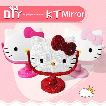 Hello Kitty Dıy Elmas Ayna Kawaii Karikatür El uygulamalı Elmas Kozmetik Ayna Ev Anime Dekorasyon Kozmetik Araçları