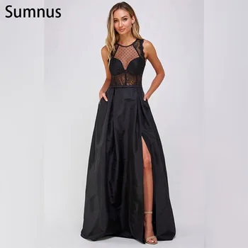 Sumnus Mütevazı Siyah Leke balo kıyafetleri Yüksek Yarık Kat Uzunluk Örgün Abiye giyim Dantel Aplikler Robe De Soirée Femme 2022 Yeni