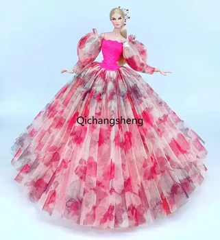 30cm Sıcak Pembe Çiçek Puf Kollu Gelinlik barbie oyuncak bebek Giysileri Barbie Prenses Elbise 1/6 Aksesuarları Kıyafetler Kıyafeti