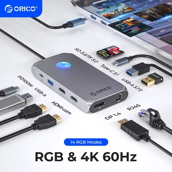ORICO RGB USB C Yerleştirme İstasyonu ile 4K60Hz Çift HDMI uyumlu VGA DP Ethernet 100W PD Hub SD/TF 3.5 mm Dizüstü Macbook Pro için