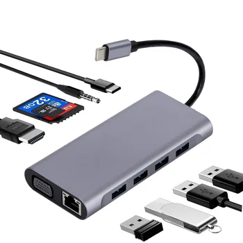 Tip-c Yerleştirme USB C Hub Adaptörü Dizüstü HDMI / VGA / PD RJ45 100 Megabit 11-in-1 Genişletici