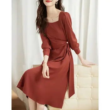 2023 Bahar Zarif Elbiseler Lüks Vintage Kare Yaka Uzun Kollu Resmi Elbise Kadınlar için Vestidos