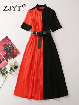 ZJYT Zarif Renk Bloğu Yaz Elbiseler Kadınlar için 2023 Kısa Kollu Siyah Midi Vestidos Pist Tasarımcısı Parti Ünlü Elbise XXL