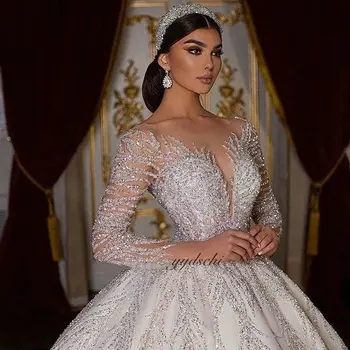 Sparkly Kristal Balo + Parlak Peçe Aplikler Boncuk Gelin V Yaka Uzun Kollu düğün elbisesi 2023 Tren Elbiseler kadınlar için