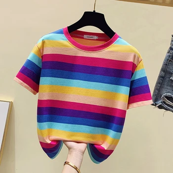 Shintimes Yeni Çizgili Renk Pamuk Kısa Kollu T Gömlek Kadınlar 2021 Casual Bayanlar Yaz T Shirt Bayan Giyim Tee Gömlek Femme