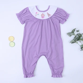 0-3 Yaşında Bebek Kız Tulum Yaz Sıcak Satış Yuvarlak Neckpurple Karikatür Nakış Gevşek Ve Rahat Tek Parça Takım Elbise
