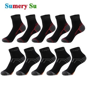 10 Çift / grup Çorap Erkekler Koşu Rahat Açık Spor Pamuk Siyah Kırmızı Turuncu Çizgili Sıkıştırma Uzun Ekip Çorap Seyahat Erkek Hediye