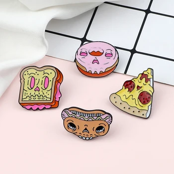Kafatası Gıda Emaye Pimleri Zombi Yüz Rozetleri Çörek Pizza Tost Broş Karikatür Yaratıcı Punk moda takı Yaka Çanta Düğmesi Hediye