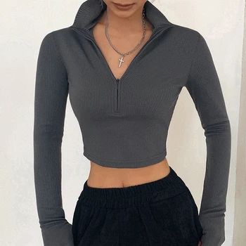 Moda Düz Renk Örgü günlük t-shirt Kadın Uzun Kollu Balıkçı Yaka Fermuar Kırpma Üstleri Seksi Basit Tarzı Parti Clubwear