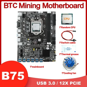 B75 12USB GPU BTC Madenci Anakart + CPU + Soğutma Fanı + Termal Gres + Anahtarı Kablosu 12USB3. 0 PCIE LGA1155 DDR3 Yuvası MSATA
