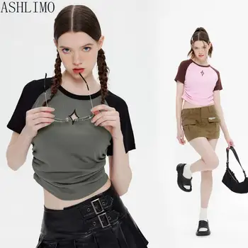 Kadın Yaz kısa kollu tişört Kawaii Bebek Tee Y2k Kırpma Üstleri İnce 2000s Streetwear Patchwork Kısa Kollu Kısa Üstleri