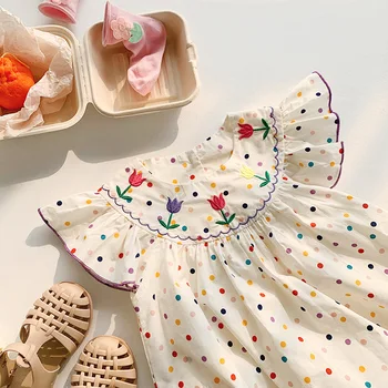 Koreli çocuk yaz renkli polka dot lale nakış kız elbisesi modeli uçan kollu tatlı prenses elbise