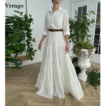 Verngo Vintage Bir Çizgi Dantel düğün elbisesi Uzun Kollu Yüksek Boyun Kat Uzunluk gelinlikler 2021 Mütevazı Resmi Elbise Artı Boyutu