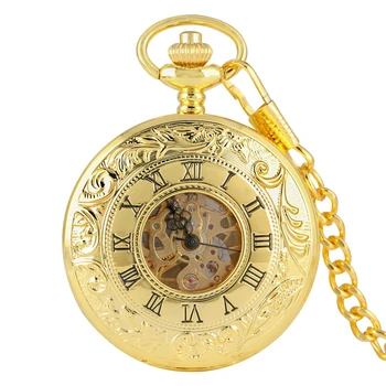 En Lüks Altın Renk Antik Mekanik İskelet Pocket saat El Sarma Çift Açık Yan Zincir Saat Reloj De Bolsillo