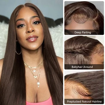 HANNE Koyu Kahverengi düz insan saçı dantel ön Peruk Kadınlar İçin Brezilyalı 13x4 Dantel Frontal insan saçı peruk Tutkalsız Önceden Koparıp