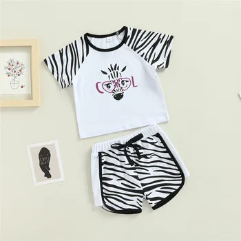 Bebek Kız Moda Giyim Seti Zebra Baskı T-Shirt Tees Tops İpli Şort 18M-6Y Çocuk Çocuk Yaz Rahat Kıyafet 2022 Yeni