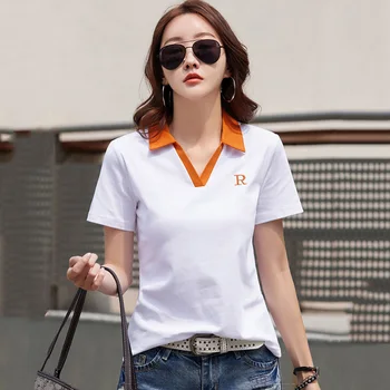 Yeni Kadın V Yaka T-shirt Yaz Moda Mektup Nakış Kısa Kollu Gevşek Tees Tops Casual Kontrast Renk pamuklu tişört