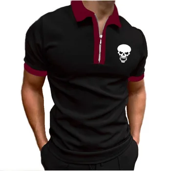 Yaz yeni nefes erkek golf gömlek büyük boy erkek T Shirt Kafatası baskı moda günlük giysi yaka erkek tişört fermuar Tees