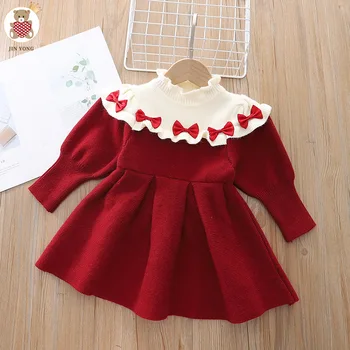 Sonbahar Elbise bebek kız Örme elbiseler çocuk papyon patchwork Giyim kızlar için Çocuk 