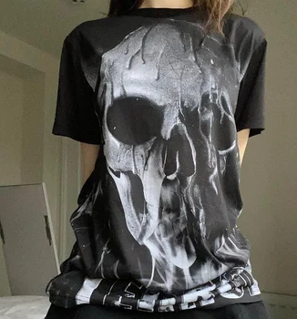 E Kız Gotik Kafatası Baskı T-shirt Y2K kadın Cadılar Bayramı Casual Tops Kısa Kollu Crewneck Kafatası Baskı gevşek sağlıklı tişört Tops