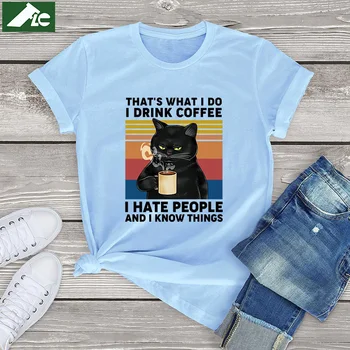 %100 pamuk kahve Kedi t shirt bayan üstleri bu Ne Yapıyorum Kahve İçiyorum Nefret İnsanlar grafik kedi t shirt erkek sevimli tee xs-3xl