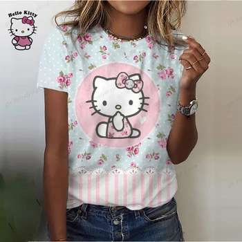 Kadın T-ShirtsHello Kitty Baskı Üstleri O Boyun Moda Kadın Harajuku Giyim Renkli L Baskı Tees Gevşek Casual Boy Tee