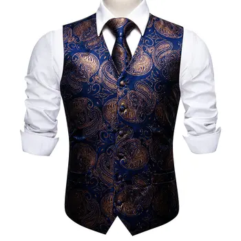 Erkek İpek Yelek Seti Koyu Mavi Paisley Klasik V Yaka Kravat Takım Elbise Yelek Rahat Kolsuz Tasarımcı Parti Düğün Barry.Wang GM-2711