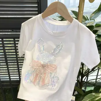 Çocuk kısa kollu tişört Yaz Yeni Genç Kız Saf Pamuk Küçük Tavşan Pullu T-shirt Kız Bebek Üst 2-12Y