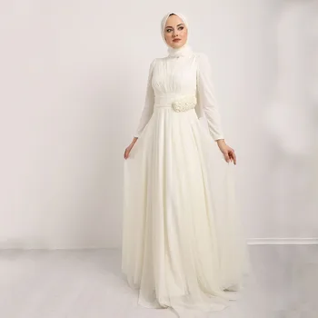 Zarif Abiye Kadınlar İçin Yüksek Boyun Tam Kollu Fermuar Balo Abiye İmparatorluğu Şifon A-Line Kat Uzunluk Elbiseler De Soirée