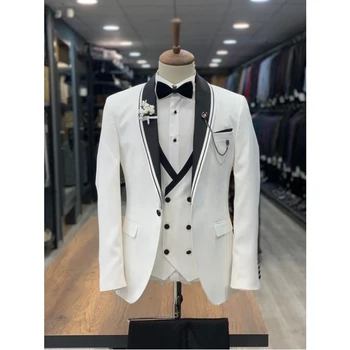 Yeni Kraliyet Beyaz pantolon ceket Tasarımcı Takım Elbise Erkekler Düğün İçin Geleneksel Etnik Parti Giyim Erkek 3 Adet Takım Elbise Kostüm Homme Smokin