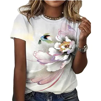 2023 Yeni Yaz T-Shirt Kadınlar İçin 3D Baskı T-shirt Çiçek Desen Rahat Düzenli O-Boyun Kısa Kollu Kız Üstleri Kadın Giyim