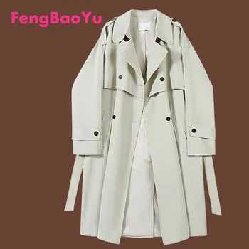 Fengbaoyu İlkbahar ve Sonbahar Bayan Rüzgarlık Beyaz Orta Uzun Ceket 2023 Yeni İngiliz Tarzı Takım Elbise Yaka Rahat kadın Giyim