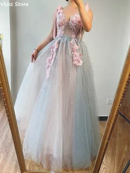 Seksi V Yaka Akşam Elbise 2020 Vkiss 3D Çiçekler Pullu Tül Illusion A-line Kat Uzunluk Kız Balo Elbise vestidos formales