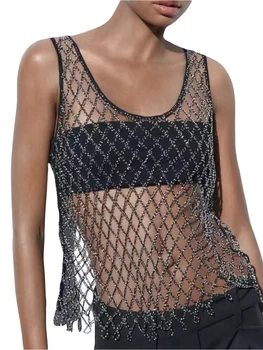 Kadınlar Parlak Rhinestones Elbise Fishnet Kesme See Through Uzun Kollu Mahsul Tops Kulübü Mayo Elbise Bikini Cover Up
